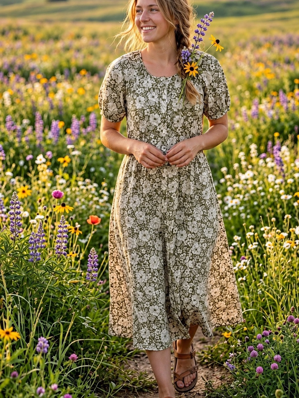 Brooks Brothers Flax Linen Floral Maxi Dress Size 12 NWT Olive Green Puff Sleeve
